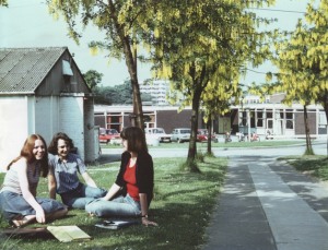 Students relaxing on campus, circa early 1980s