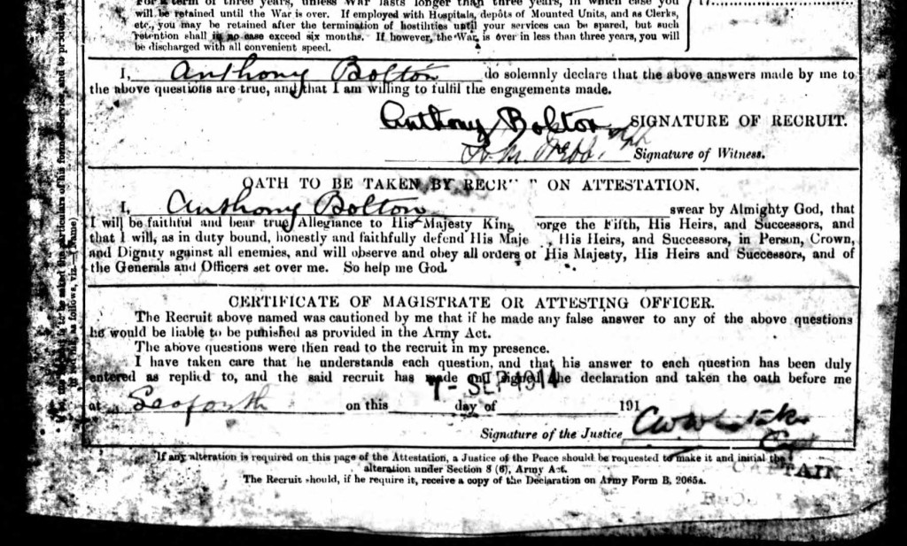 Copy of an extract from Anthony Bolton's attestation form 